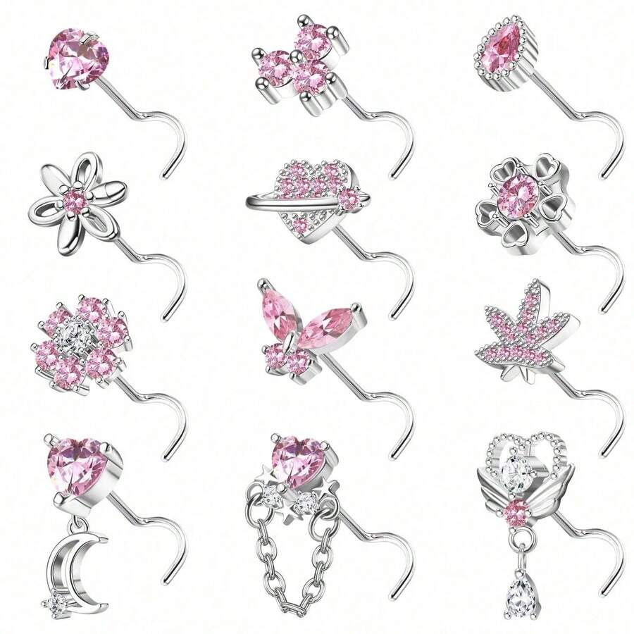Diamday 12 chiếc khuyên mũi 20G bằng thép không gỉ phẫu thuật hình chữ L dành cho nam và nữ, khuyên mũi dễ thương, trang sức dạng vít. - Bạc - Xem 1
