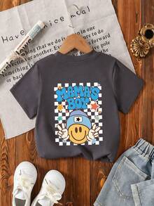 男童休闲印花圆领短袖T恤，夏季上衣 - 深灰色 - 查看 5