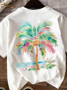 Camiseta Casual de Cuello Redondo para Mujer, Talla Grande, Manga Corta, Estampado de Palmeras Coloridas, Adecuada para el Estilo de Vacaciones de Verano, Blanca - Blanco - Ver 4