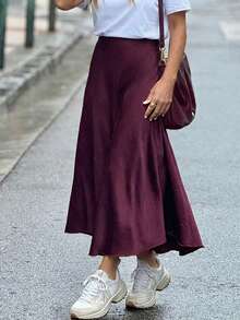 Vellofy Gonna midi elegante in raso tinta unita da donna per l'estate, vita media a-line, adatta per matrimoni, feste, festival e vacanze al mare - Bordò - Visualizzare 7