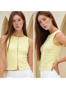 Camisetas sin mangas con estampado de rayas para mujer, modernas, sin mangas, con cuello redondo y botones, de corte ajustado. - Amarillo claro - Ver 6