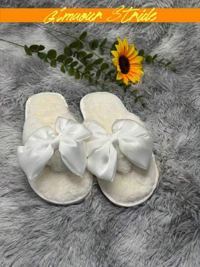 Dép lê lông mềm mại màu trắng satin thanh lịch dành cho nữ, có quai điều chỉnh, kiểu dáng sang trọng với họa tiết đan chéo, thích hợp cho đám cưới và spa.