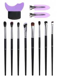 BS-MALL Professional 8pcs Animal Hair Eyeshadow Brush Set, Soft, Durable, Strong Powder Pickup, Includes 2 Purple Hair Clips + 1 Eyeshadow Applicator - Black - View 8