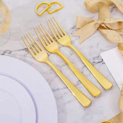 Gold Tableware Set, Suitable For Cakes, Salads, Pasta, Desserts, Appetizers, Ideal For Birthdays, Weddings, Parties, Family Gatherings, Team Building, Outdoor BBQs, Camping, Banquets, Mother's Day, Christmas And Other Occasions. The Set Includes A Full Set Of Cutlery, Forks And Kitchen Utensils.