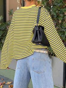 SDNGED Women's Casual Top, Striped Color Block Ribbed Fabric, Everyday Wear Spring/Autumn - Yellow Gray - View 6