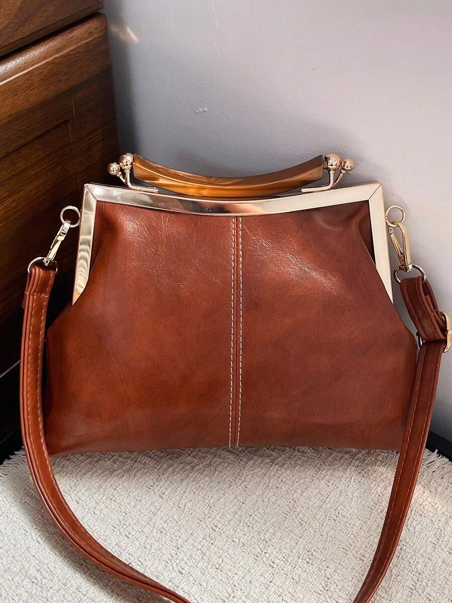 Tas Selempang Kulit PU untuk Wanita, Tas Tangan dengan Gesper Bergaya Vintage, Tali Bahu yang Dapat Diatur, Tas Bahu Tunggal Ringan Warna Polos dengan Lapisan Poliester - Coklat - View 1