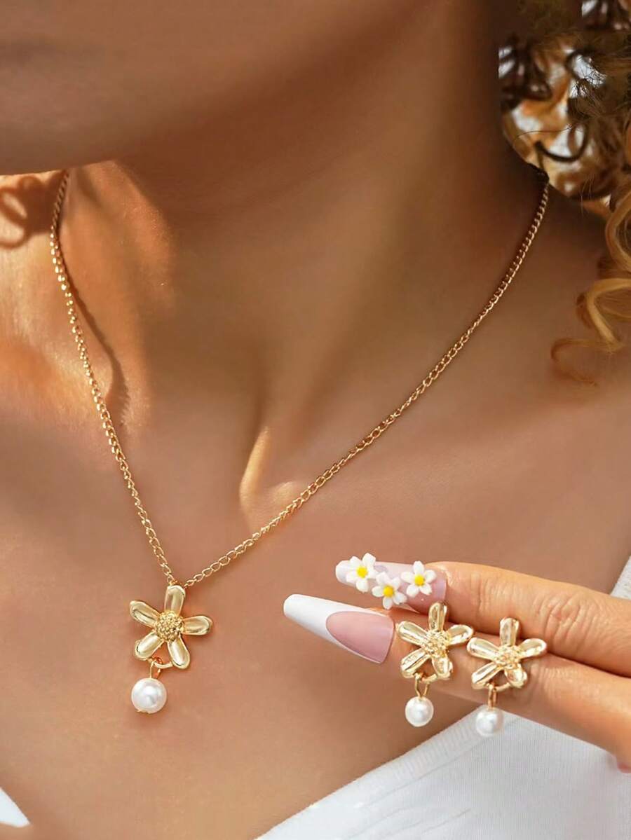 Bộ 3 bông tai và dây chuyền hình hoa và ngọc trai, kiểu dáng thời trang, sang trọng, đa năng dành cho nữ. - Nhiều màu - Xem 1