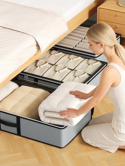 1 Hộp đựng đồ dưới gầm giường tiết kiệm không gian, có thể gấp gọn và xếp chồng lên nhau, có cửa sổ trong suốt, khóa kéo đôi trơn tru và tay cầm chắc chắn, thiết kế chống bụi, dung tích lớn, lý tưởng cho phòng ngủ, ký túc xá và tủ quần áo, hoàn hảo để sắp xếp chăn, ga trải giường, khăn tắm, quần áo theo mùa và đồ dùng gia đình.
