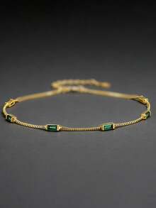 1 chiếc vòng tay bằng bạc Sterling S925 đính đá Zirconia tổng hợp màu xanh lá cây hình học, trang sức thanh lịch và duyên dáng để đeo hàng ngày dành cho phụ nữ. - Vàng - Xem 2