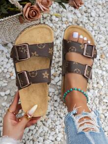 夏季情侣休闲无后跟舒适度假款勃肯鞋风格平底黑色穆勒凉鞋,时尚百搭搭扣平底软木拖鞋,度假风夏季男女通用沙滩室内/室外休闲拖鞋 - 卡其色 - 查看 3