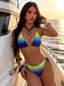 夏季性感时尚渐变水钻吊坠挂脖比基尼两件套，适合海滩、度假、游泳、邮轮等场合 - 藍綠色 - 查看 3