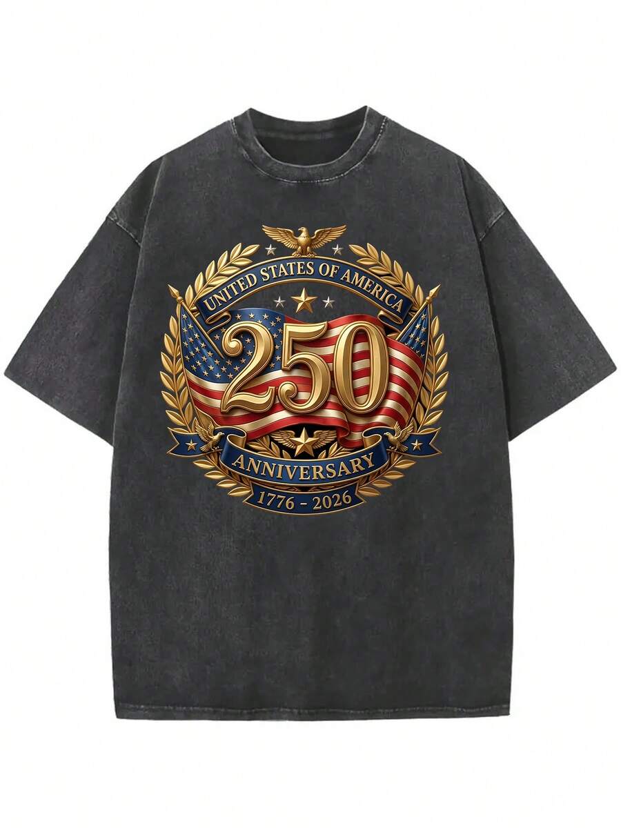 Men's Y2K Graphic Tees, Mens Clothes Summer Tops, Men Shirts, Men's Clothing, Vintage Washed Cotton United States Of America 250th Anniversary 1776-2026 Patriotic T-Shirt, Loose Fit For Women - 黑色 - 查看 1
