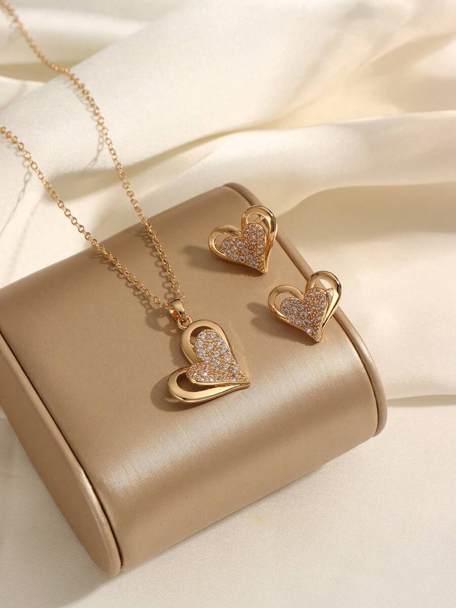 Bộ trang sức hình trái tim hai lớp sang trọng, đính đá Zirconia, làm từ hợp kim đồng, thích hợp để đeo hàng ngày và làm quà tặng dịp lễ. - Nhiều màu - Xem 1