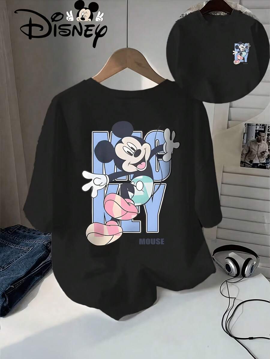 The Authentic Disney Pattern Features The Classic Cartoon Character Mickey Mouse, Combined With Modern Design Elements Such As Sunglasses And Gestures, Presenting A Visual Style That Blends Retro And  Elements. Disney's Summer New Short Sleeved T-Shirt Top For Women, Casual And Fashionable Printed T-Shirt For Women, Disney Shirt, Disney Shirts, Summer Outfits For Women, Spring Outfits For Women, Officially Licensed Disney T-Shirts, Disney Men's And Women's Spring/Summer Fashion Casual Short-Sleeve T-Shirts - Black - View 1