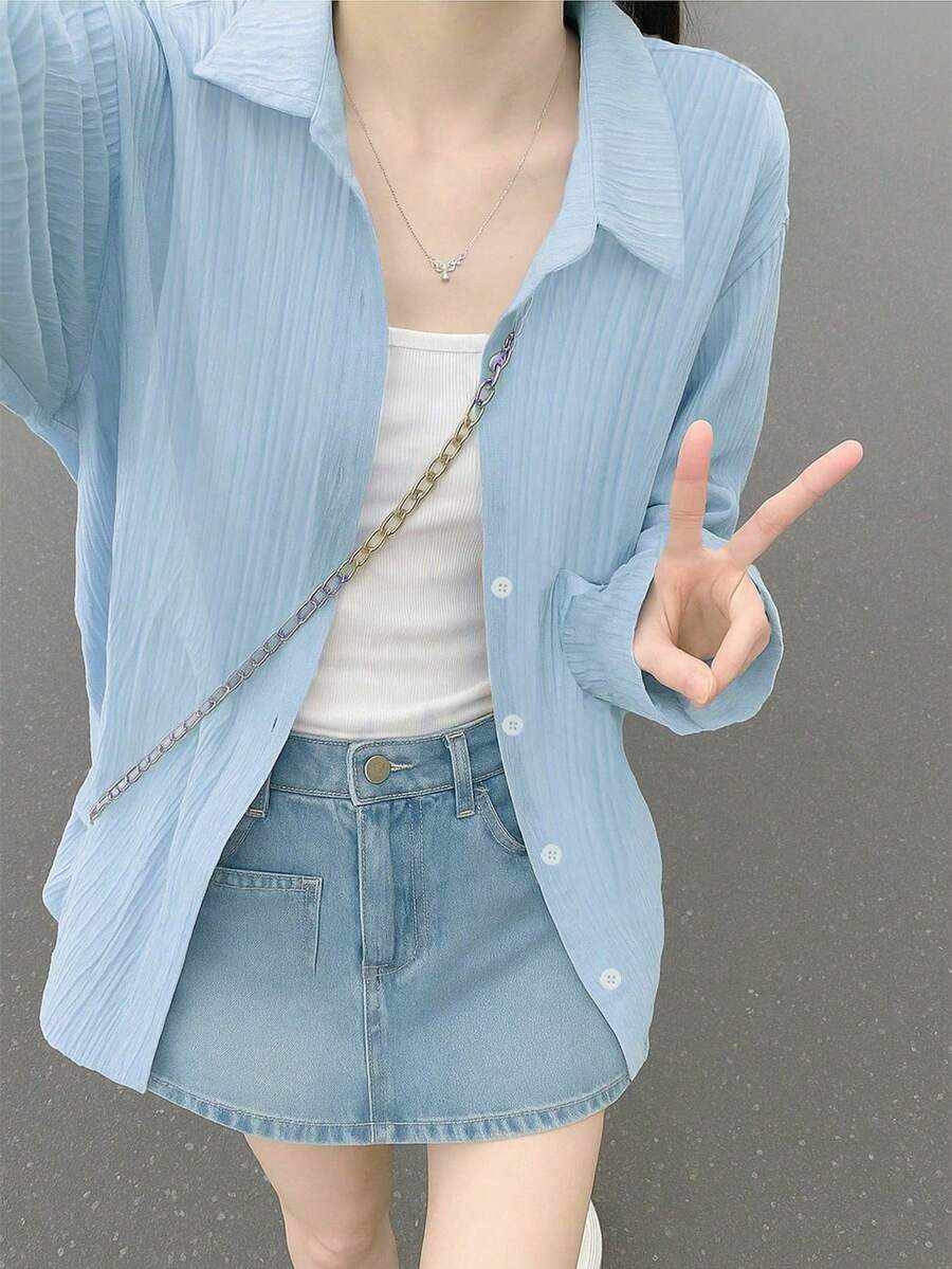 女款法式防曬襯衫外套，夏季極簡設計薄亞麻質感上衣 - 藍色 - 查看 1