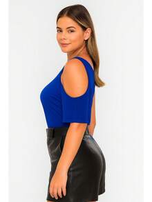 Women's Basic One-Sleeve Loose-Fitting Blouse With Cutout Shoulder - Royal Blue - View 4