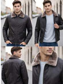 Imported Men's Slim Fit Leather Jacket, Lined For Cold Weather - 黑色 - 查看 2