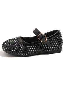 Girls' White Grid Rhinestone Mary Jane Flats, Adjustable Buckle Soft Sole Princess Party Shoes - Black - View 6