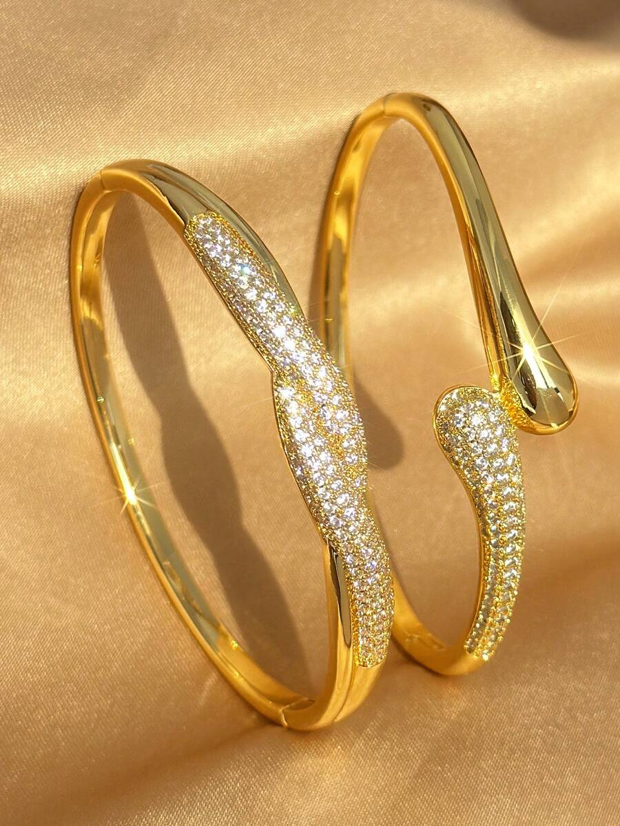 18K Gold Plated Twisted Curved Zirconia Stackable Bracelet Set, Fade-Resistant Adjustable Gold Bracelet, Elegant Women's Jewelry, Suitable For Daily Wear, Wedding - Multicolor - View 1