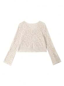 Áo khoác cardigan móc len khoét rỗng kiểu Pháp cổ điển, áo dài tay dáng rộng thoải mái kiểu Hàn Quốc thắt eo chống nắng, mảnh vải ngẫu nhiên mùa hè - Màu be - Xem 4