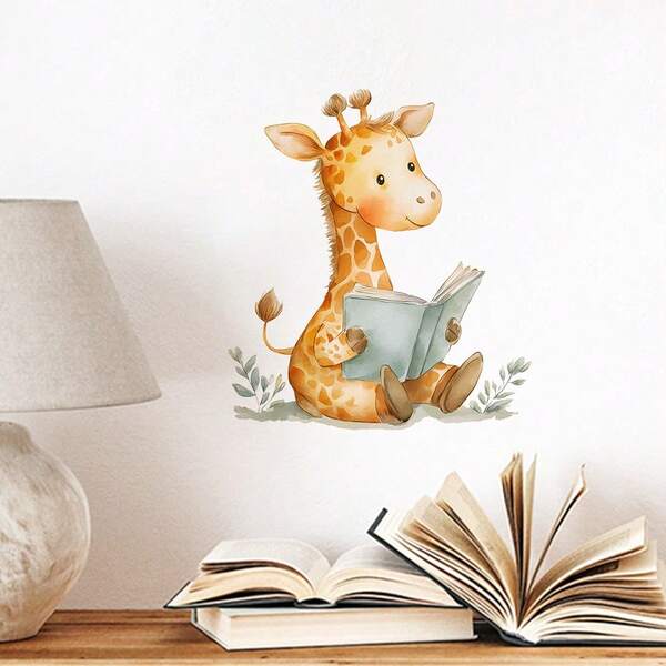 1pc Cute Watercolor Giraffe Reading Book Wall Decal, Removable Peel And Stick Animal Wall Sticker For Kids Room, Nursery, Bedroom, Playroom, Classroom Decor