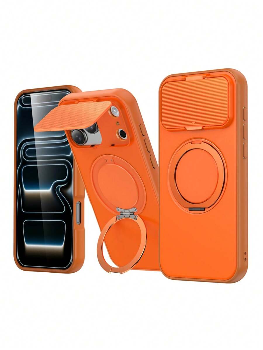 1pc Flip Window Camera Protection Ring Holder Wireless Charging Phone Case Compatible With IPhone 17 AIR 16 15 14 13 12 11 Pro Max Hard PC Back Cover - Orange - View 1