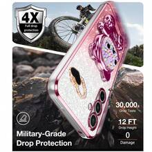 Ốp điện thoại hình gấu đính đá cầu vồng, hiệu ứng chuyển màu lấp lánh mạ điện với giá đỡ ẩn, vỏ bảo vệ dễ thương và nữ tính, tương thích với Apple 11/13/14/15/16/17, Galaxy S26U/S25/24P/A56/16/26, Note 14/15/13/11 Pro - Hồng - Xem 4