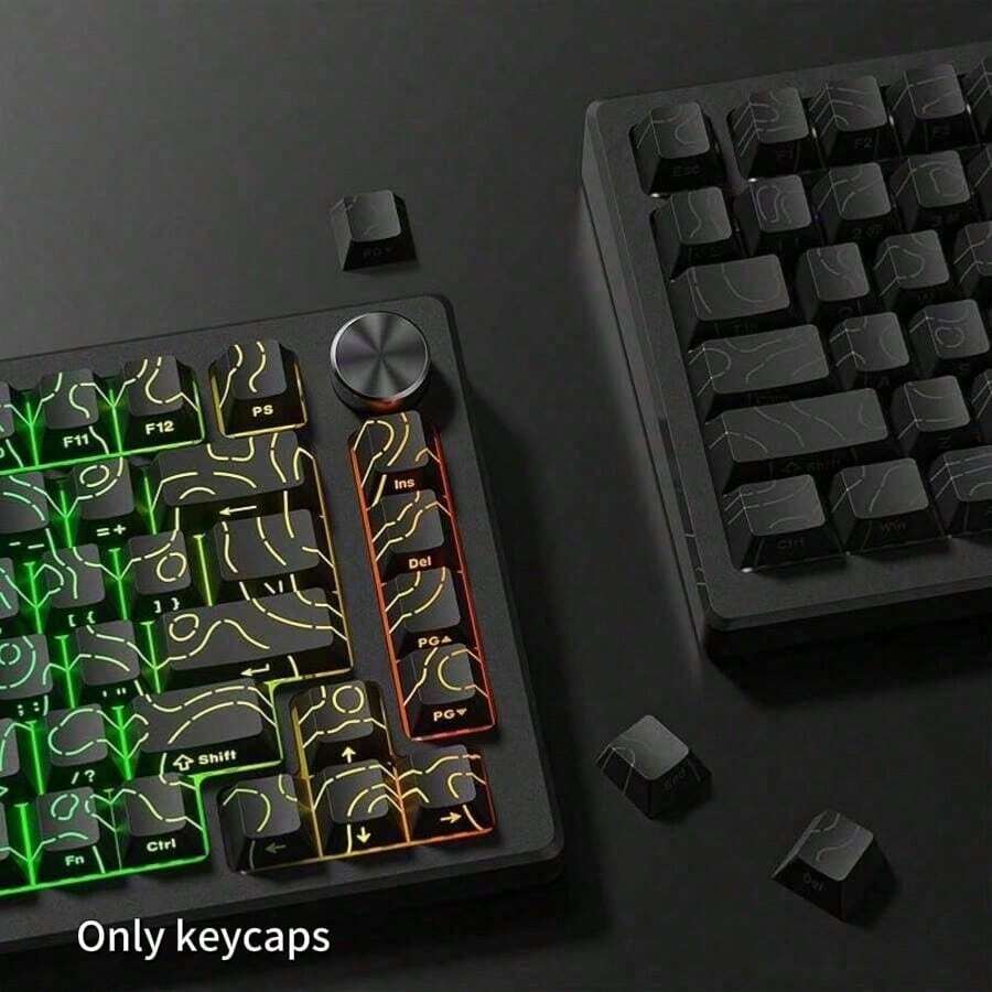 黑色轮廓印刷键帽（仅键帽），130+键，侧印背光字符，带裂纹效果，兼容104/98/87/75/68/64/61键键盘，键帽，键帽套装，机械键盘键帽，游戏键帽，PBT键帽，定制键帽，替换键帽，背光键帽，可爱键帽，键盘配件 - 黑色 - 查看 1