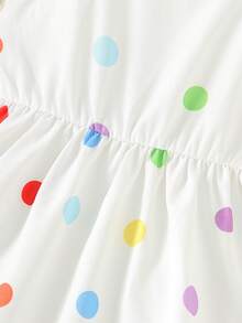 Baby GirlSweet Dreamy Colorful Polka Dot Unicorn Strap Waist Ruffle Hem Dress, Suitable For 0-3 Years Old, Summer Casual Dress For Daily Outing - White - View 5