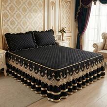 1pc Minimalist Comfortable Solid Color Quilted Lace Bed Skirt, Soft Skin-Friendly Dust-Proof Anti-Slip, Multiple Sizes Suitable For Bedroom Hotel Bedding (Pillow Case Not Included) - Black - View 17