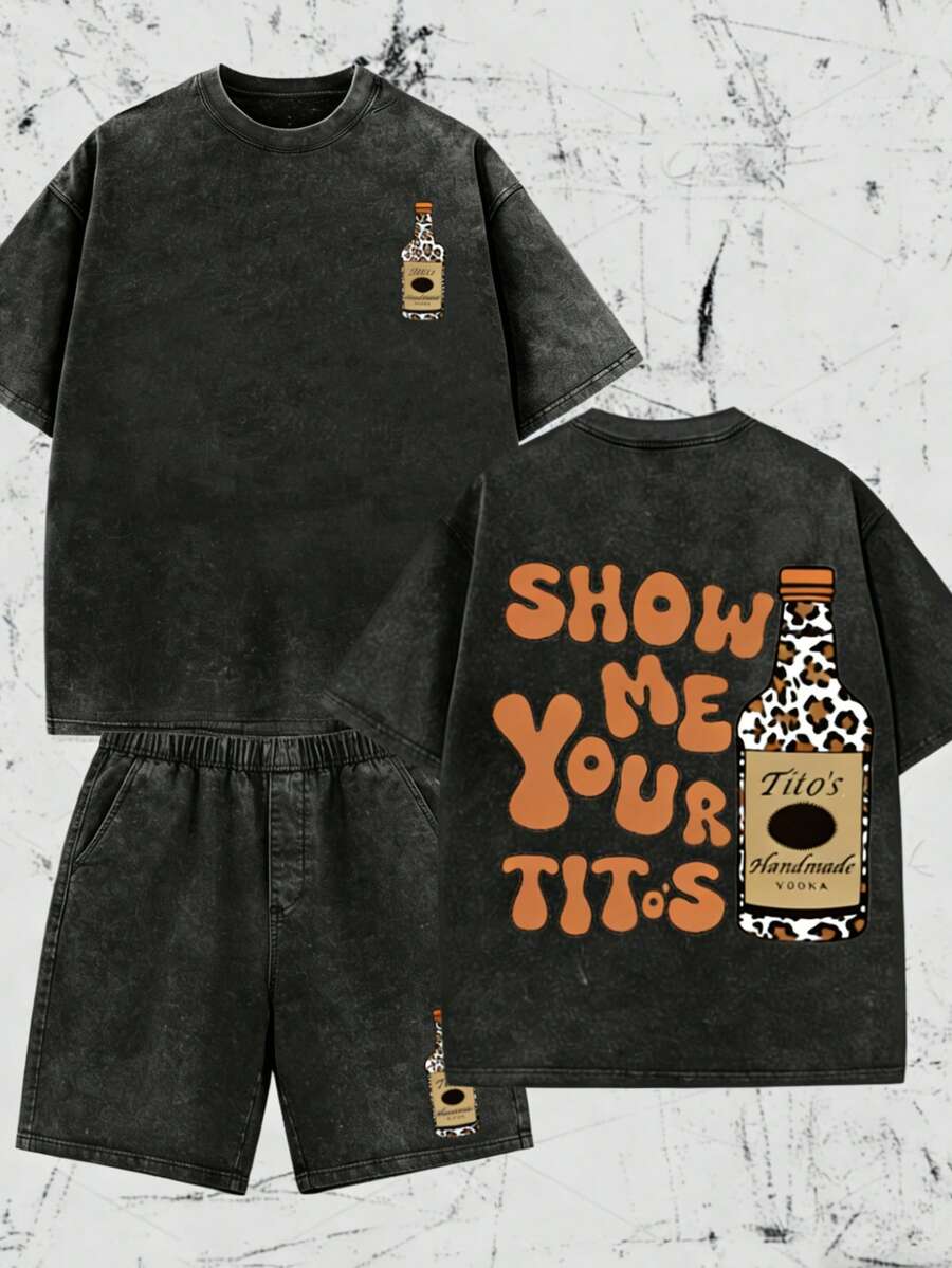 Men's Washed & Distressed T-Shirt 2-Pack - Retro-Nostalgic Style |   Exclusive For Tito's Vodka Enthusiasts |   Features Leopard Print Accents |   Printed With The Humorous "SHOW ME YOUR TITOS" Meme Slogan |   Double-Sided Print, Washed & Distressed Finish |   Men's Casual Wear |   Y2K-Style Summer Short-Sleeve Tops - 黑色 - 查看 1
