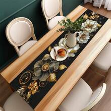 1 pieza Elegante Camino de Mesa Floral Negro y Platino - Material de Poliéster Duradero, Ideal para Cenas Festivas y Fiestas al Aire Libre, Adecuado para Comedor del Hogar y Restaurante, Suministros de Cocina, Decoración de Mesa de Fiesta - Dorado - Ver 5