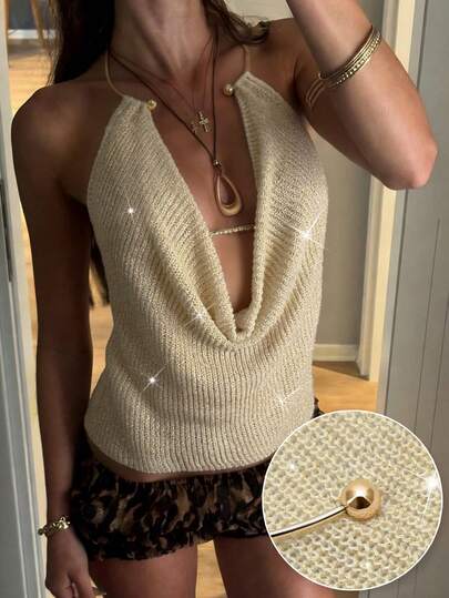 Women's Sexy Casual Minimalist Elegant Y2K Style Solid Color Knitted Circular Draped Neck Sleeveless Crop Top, Suitable For Beach, Holiday, Daily Wear, Birthday Party, Travel, Single Party, Summer, Spring