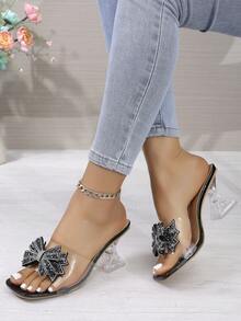 Dép lê nữ trong suốt trang trí hình bướm, dép lê cao gót vừa phải đính đá lấp lánh mùa hè, dép sandal nữ kiểu cổ tích màu trắng. - màu đen - Xem 4