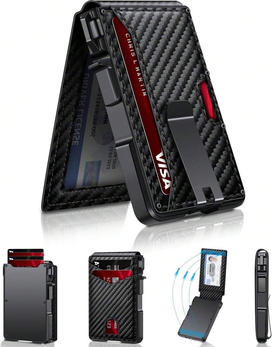 Wallet Men, Mens Minimalist Wallet 9-13 Cards, Slim Compact Wallet With Money Clip & ID Window, RFID Blocking Up Card Wallet, Metal Aluminum Credit Card Holder Bifold Wallet - Carbon Fiber - View 1
