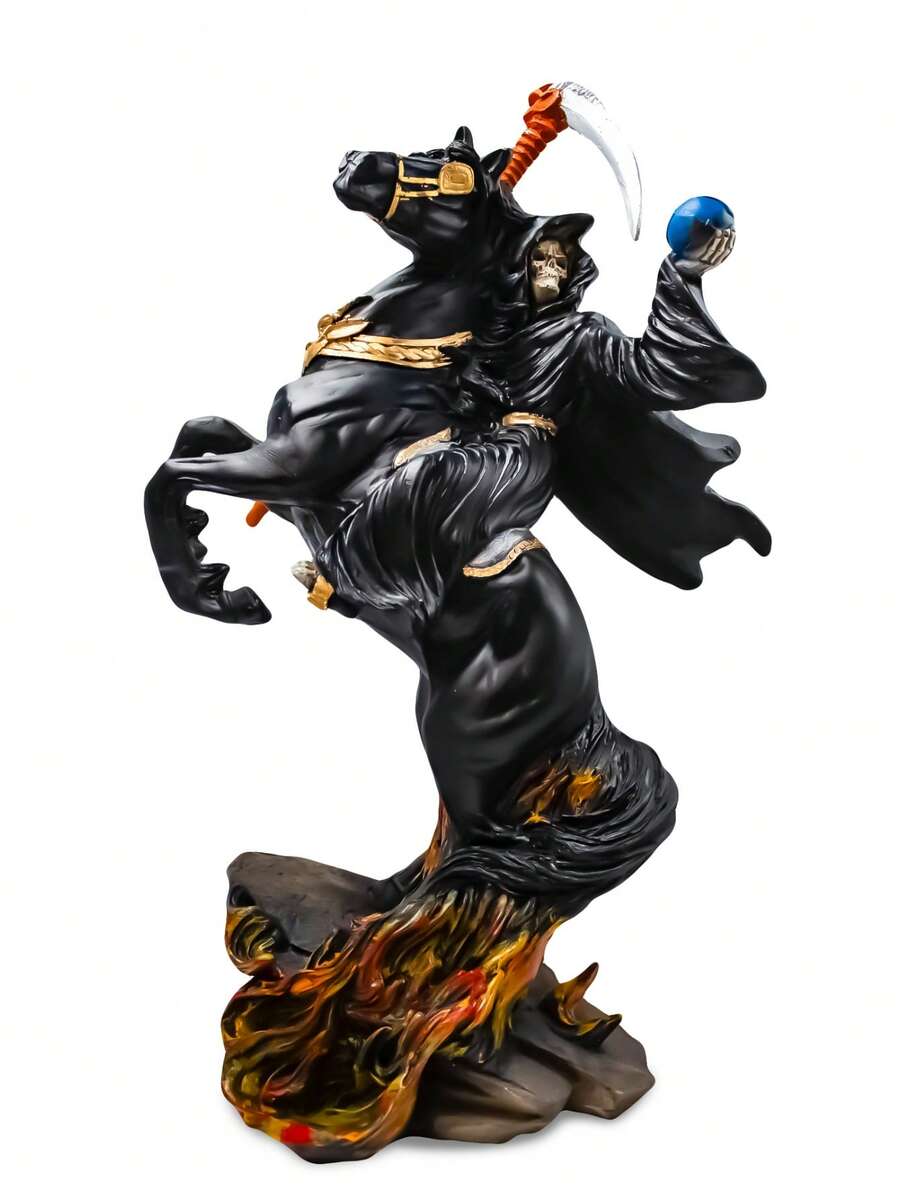 Estatua Decorativa Santa Muerte Guerrera a Caballo sobre Fuego Purificador, Figura de Resina Negra y Dorado para Protección, Altar de Meditación, Introspección y Decoración de Interiores Estilo Gótico (50cm) - 1PC - Ver 1