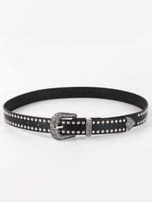 1 pieza Cinturón de cuero negro estilo vaquero americano retro para hombre, hebilla con remaches plateados en relieve de doble hilera y acabado envejecido, ideal para ropa urbana, conciertos, festivales, uso diario y como regalo. - Puntos - Ver 5