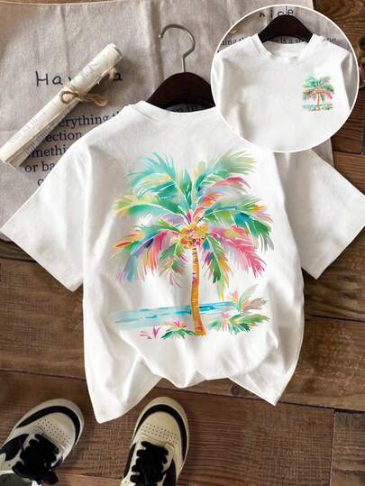 Áo thun ngắn tay dáng regular fit, co giãn tốt, cỡ lớn, in hình cây cọ nhiều màu sắc.