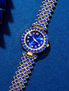 6件套优雅女士手表套装，简约奢华蓝色水晶水钻数字女士合金手链手表，石英表，蓝色水晶首饰套装，适合日常佩戴、休闲、派对、节日、母亲节礼物，女士手表，女士首饰套装 - 彩色 - 查看 4