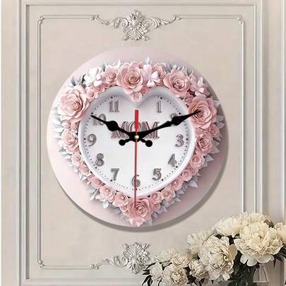 1个10/12英寸石英静音挂钟，粉色玫瑰主题，适用于客厅、家居、办公室、宿舍装饰，是复活节、母亲节、圣诞节的理想礼物，电池供电（不含AA电池）