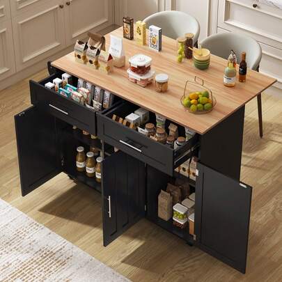 129x46(71)X91cm Kitchen Island On Wheels With Foldable Tabletop, Adjustable Shelves Rolling Trolley With Storage Cabinets & 2 Drawers, Multipurpose Utility Cart For Dining Room Living Room