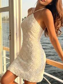 Women's Elegant White 3D Floral Halter Neck Bodycon Mini Dress, Summer Vacation Beach Party Dress - Apricot - View 1