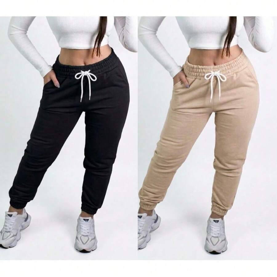 Kit Of 2 Women's Sweatpants - Fashionable Winter Pants - - 黑色和米色運動褲兩件套 - 查看 1