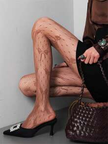 1pc Bowknot Tights For Women, Vintage Lace Pantyhose, High Elasticity Skinny Leggings, Hollow Out Jacquard Fishnet Stockings, Slimming Leg Shaping Hosiery - Multicolor - View 3