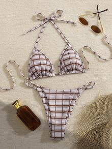 女士性感露背高开衩波西米亚风比基尼套装，饰有打结细节，采用弹力面料，适合女性穿着，适合复活节、派对、音乐节、情人节等场合；女士沙滩装；女士毕业/度假装；女士优雅沙滩泳装；女士沙滩比基尼泳装；女士泳装；女士泳衣；夏季度假装 - 彩色 - 查看 4