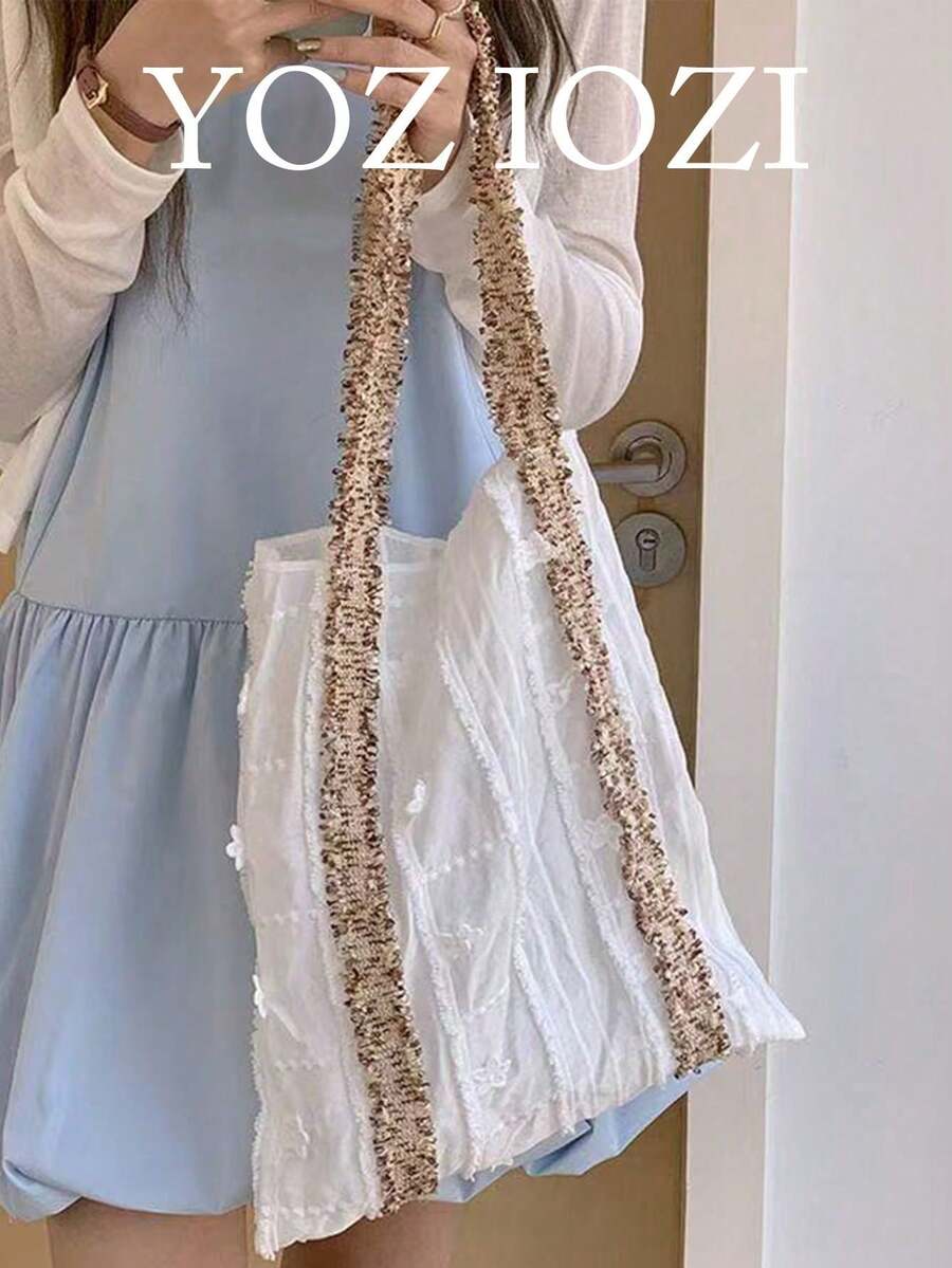 韩日早春小众设计花卉纹理帆布大容量通勤/休闲单肩包，便携式日常购物手提包 - 白色 - 查看 1