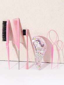 6件套美发造型工具套装 - 卡通尼龙发刷、撕裂梳、边缘梳、鼠尾梳、接发工具，适合所有发型 - 彩色 - 查看 4