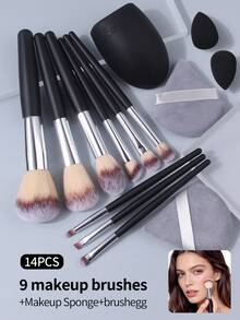 14 piezas Juego de brochas de maquillaje suaves con esponjas y limpiador para maquillaje de rostro y ojos - Negro - Ver 3