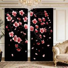 2D Flat Design, 2pcs/Set Sakura Floral Sheer Curtains, Pink Flowers On Black Background, Suitable For Bedroom And Office, Machine Washable Modern Decorative Panel, 2D Flat Style - 2pcs - View 11