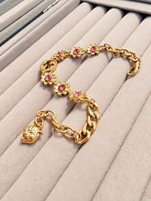 1pc Fashionable Delicate Pink Crystal Flower Metal Bracelet, New Women's Essential Gift - Yellow Gold - View 3